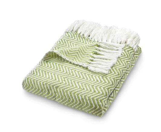 Eco-friendly green and white Herringbone Throw with fringed edges, crafted from recycled plastic bottles, neatly folded.
