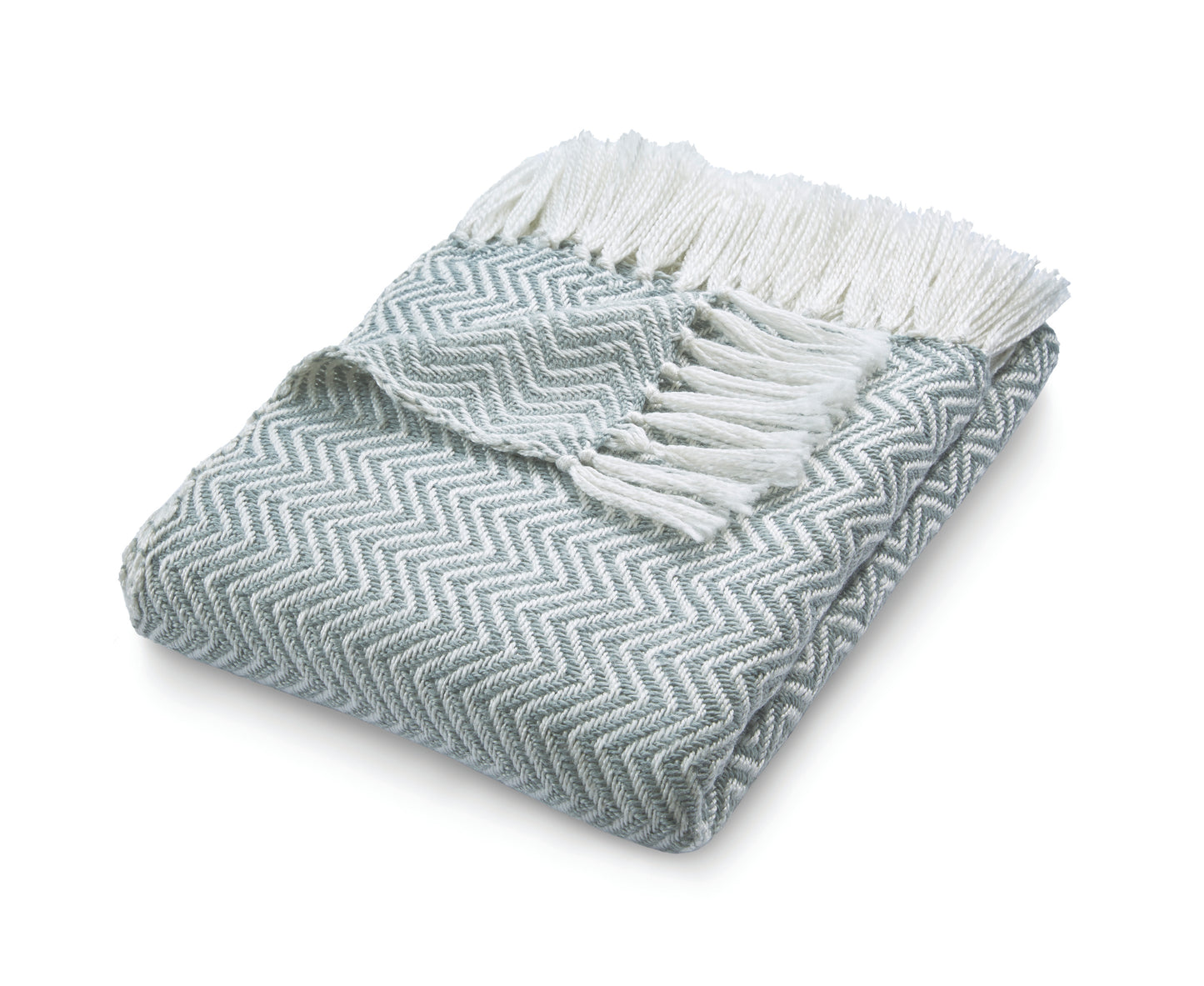 The eco-friendly folded grey and white Herringbone Throw, crafted from recycled plastic bottles, features a chevron pattern with fringed edges on top.
