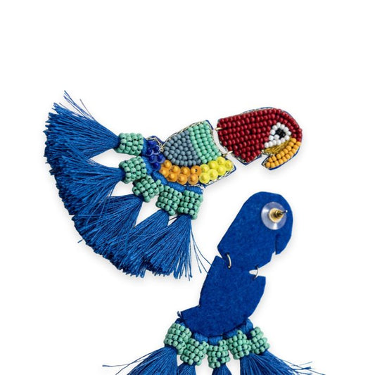 A pair of colourful beaded parrot earrings made from beads and blue thread, displayed against a white background.