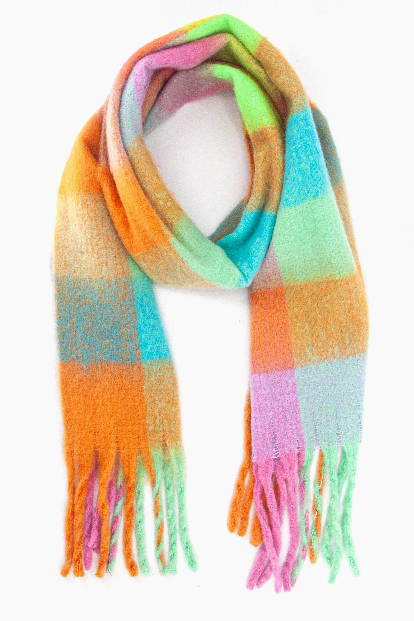 A multicoloured vegan scarf with a checked pattern and fringed ends, featuring shades of orange, green, blue, pink and purple, laid flat on a white background as a cruelty-free accessory.