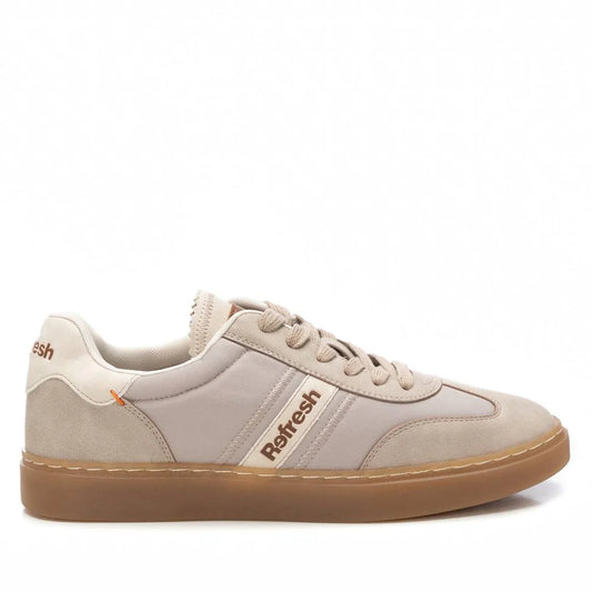 A beige and tan trainer with Refresh on the side, crafted from vegan material, featuring a gum non-slip rubber sole, suede and fabric panels, and beige laces, shown in a side profile view.