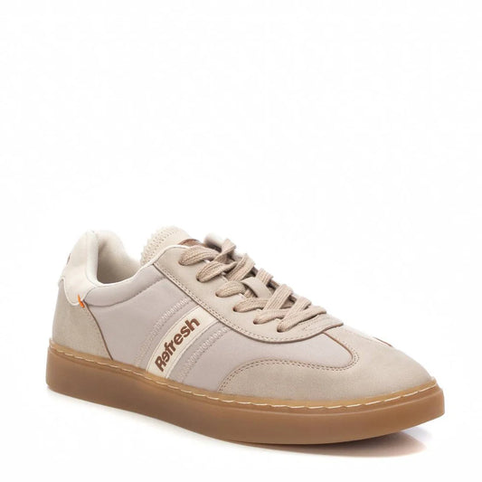 Beige trainer with a gum, non-slip rubber sole, lace-up front, and Refresh branding on the side, crafted from vegan material and shown against a plain white background.