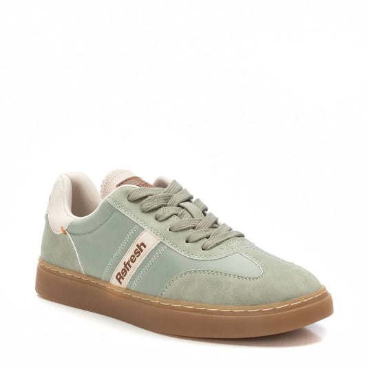 A sage green trainer with beige and white accents, a brown non-slip rubber sole, adjustable lace-up fastening, and Refresh branding on the side.