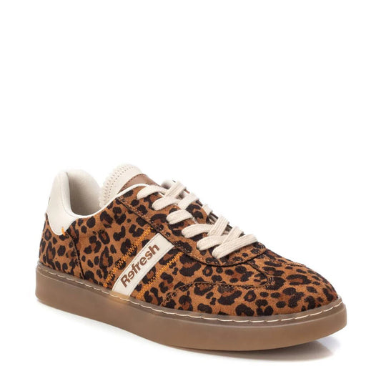 A low-top trainer featuring a brown and black leopard print pattern, beige laces with an adjustable lace-up fastening, a beige heel tab, slip-resistant brown rubber sole, and “Refresh” visible on the side.