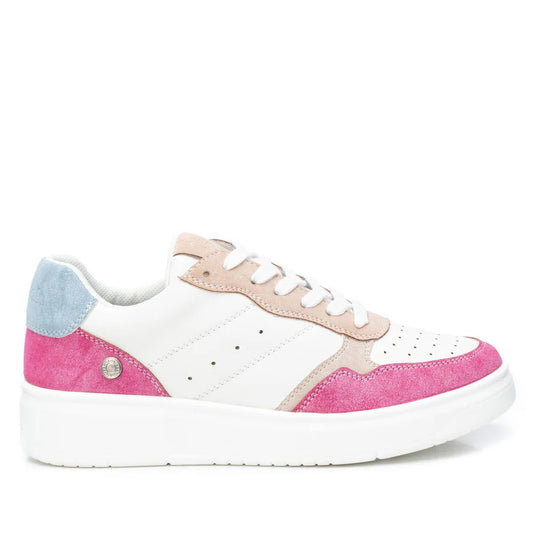 A white trainer with light pink, bright pink, and light blue suede accents, white laces, and a thick non-slip rubber sole for added comfort and style.