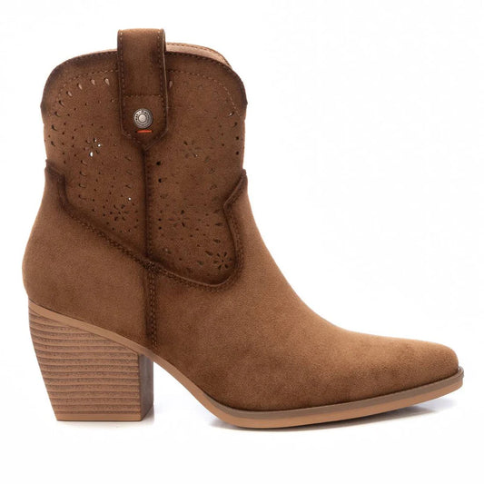 Brown suede cowboy ankle boots with a stacked block heel, decorative perforations, pull tab, elegant interior zip fastening, and almond-shaped toe, shown against a plain white background.