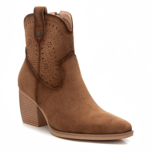 Brown suede cowboy ankle boots with a block heel, perforated detailing on the shaft, an elegant interior zip fastening, and a side pull tab, displayed against a white background.