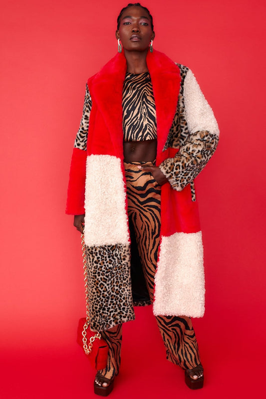 Maxi Checkered Leopard Print and Shearling Faux Fur Coat image 0