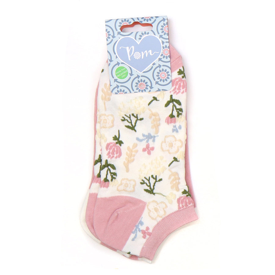 Cream & Pink Mix Pretty Floral Trainer Socks Duo