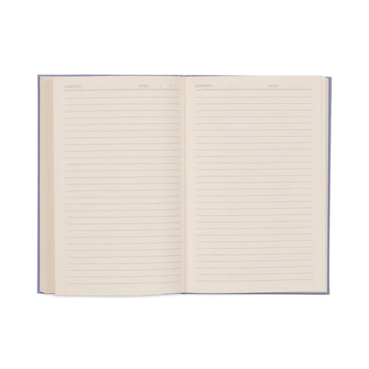 An open planner notebook with lay-flat binding shows two blank, lined pages, each with spaces for Subject and Date at the top.