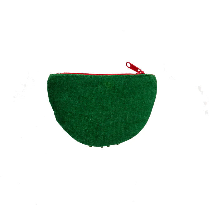 A small, green, semi-circular fabric pouch with a red zip on a white background—this vegan-friendly accessory brings a playful hint of summer style to your outfit.