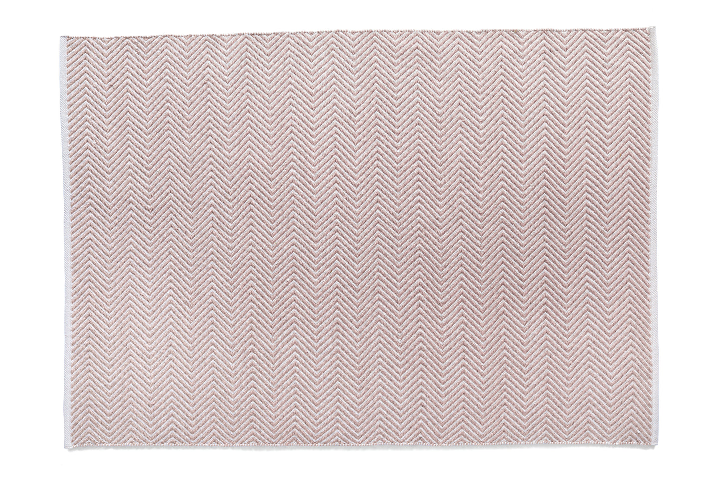 Experience the vibrant allure of a rectangular rug featuring a pink and white zigzag pattern on a plain white background. Crafted as a Herringbone Recycled Plastic Bottles Rug, it embodies sustainable elegance for your home.