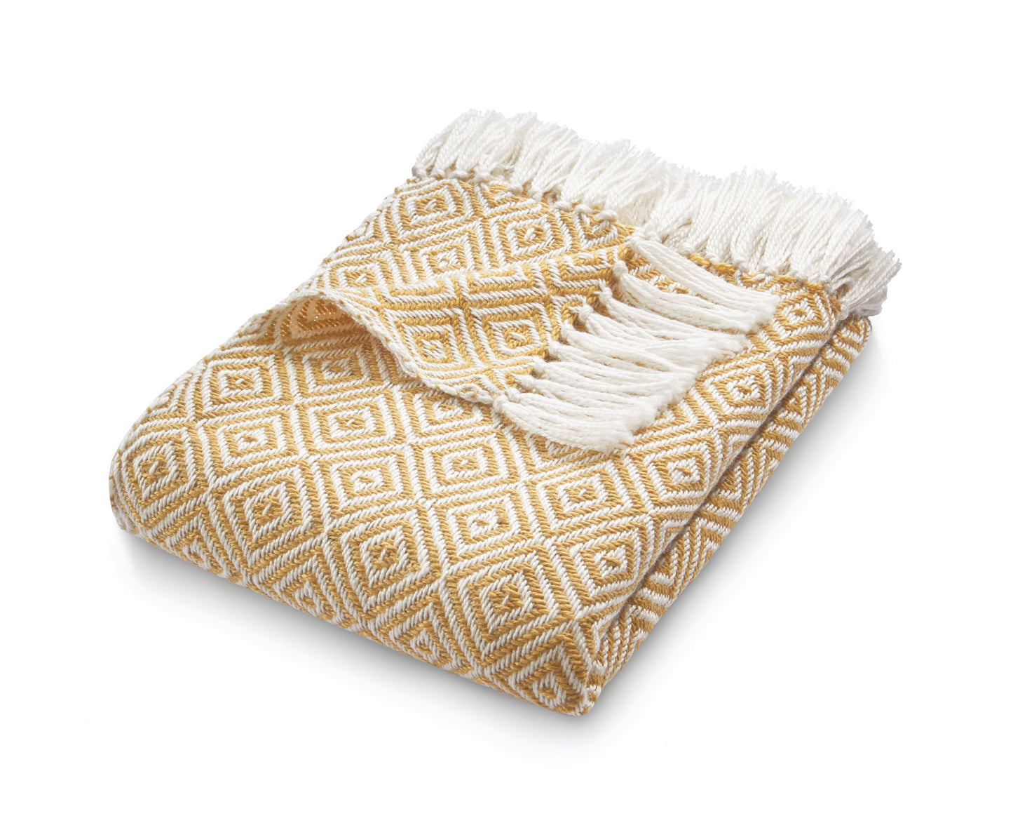 A folded yellow and white sustainable throw, crafted from recycled plastic bottles, features a diamond pattern and white fringe along one edge.
