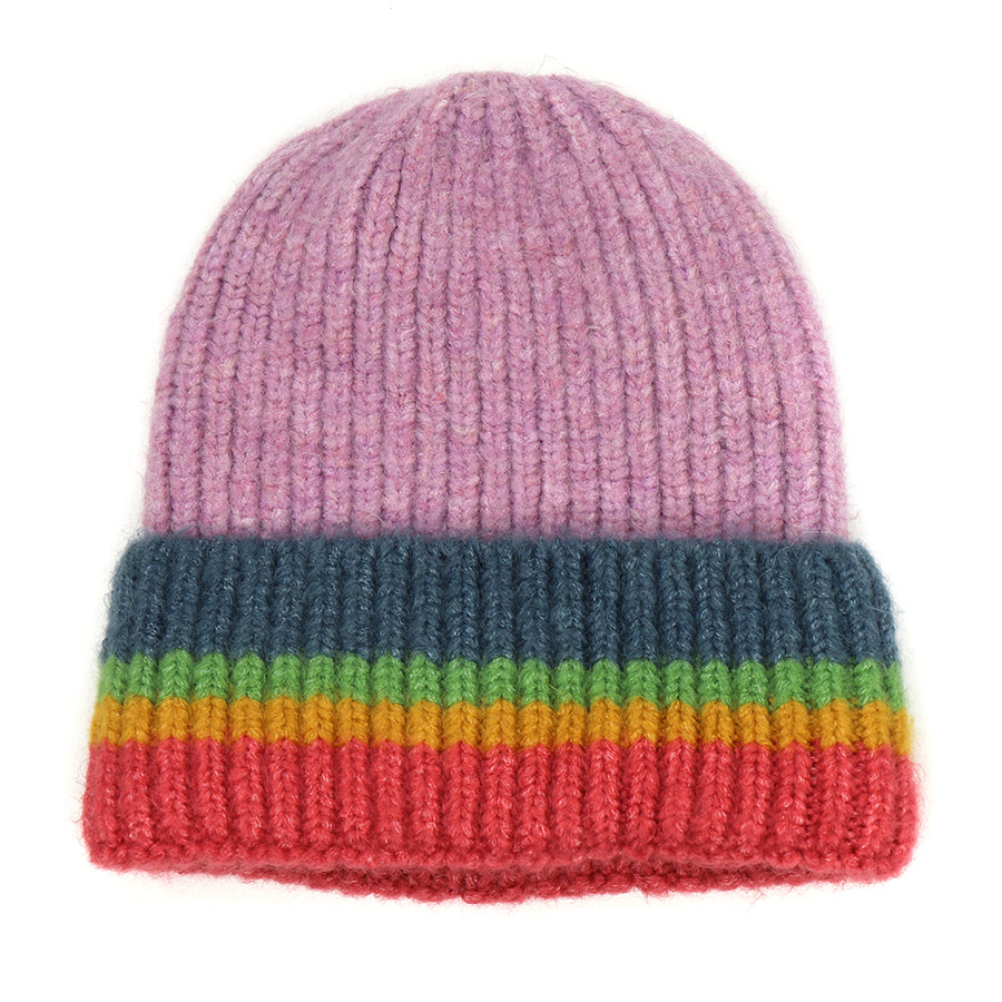 A ribbed knit beanie with a purple top and a folded brim displaying blue, green, yellow, orange, and red stripes. This vegan-friendly beanie is both stylish and comfortable.