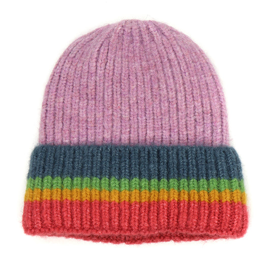 A ribbed knit beanie with a purple top and a folded brim displaying blue, green, yellow, orange, and red stripes. This vegan-friendly beanie is both stylish and comfortable.