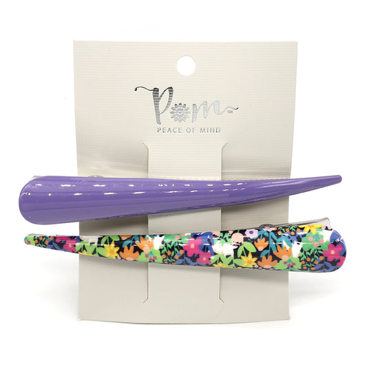 A stylish pair of clips on a card: one in solid purple and the other featuring a vibrant multi-floral pattern.