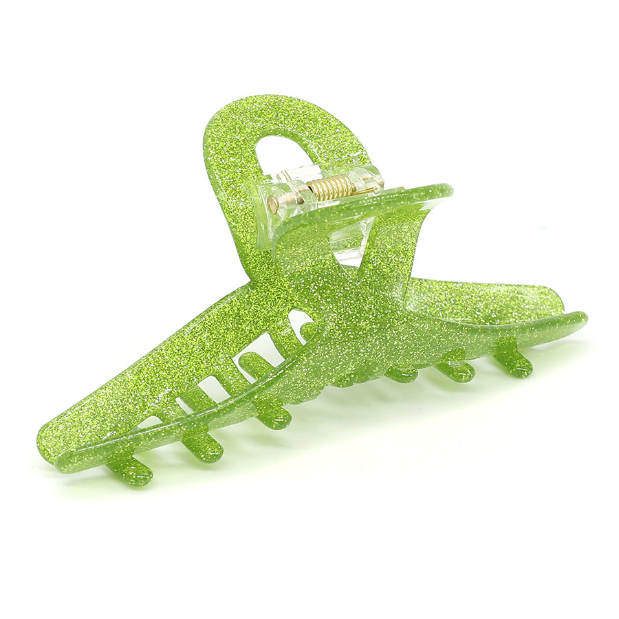 Vibrant lime glitter hair accessory featuring interlocking teeth and a spring hinge, this claw clip is isolated against a white background.