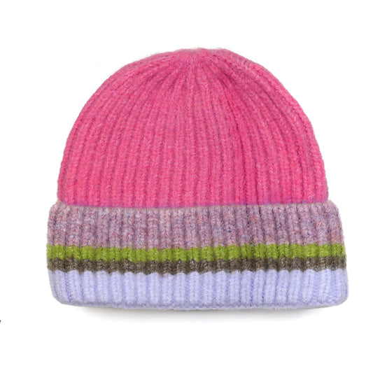 A vegan-friendly ribbed beanie hat with a pink top, a folded brim featuring grey and green stripes, and a light blue edge.