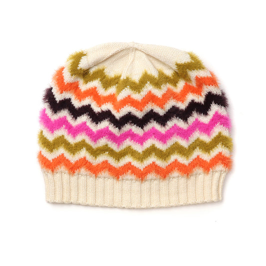 A knitted chevron beanie hat with a white base, adorned with zigzag stripes in olive green, orange, pink, black, and purple—ideal for keeping cosy and stylish during winter.