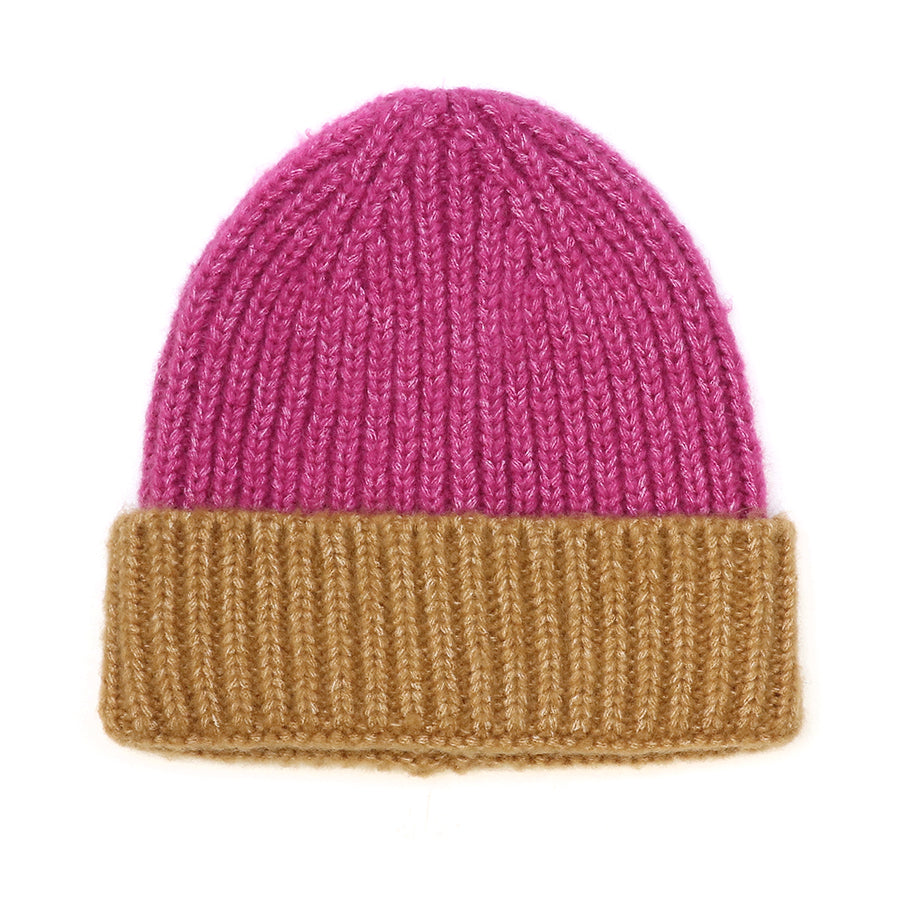 A cosy Magenta and Coffee Beanie Hat with a pink crown and wide, folded brown cuff; this colourful winter hat is shown against a white background.
