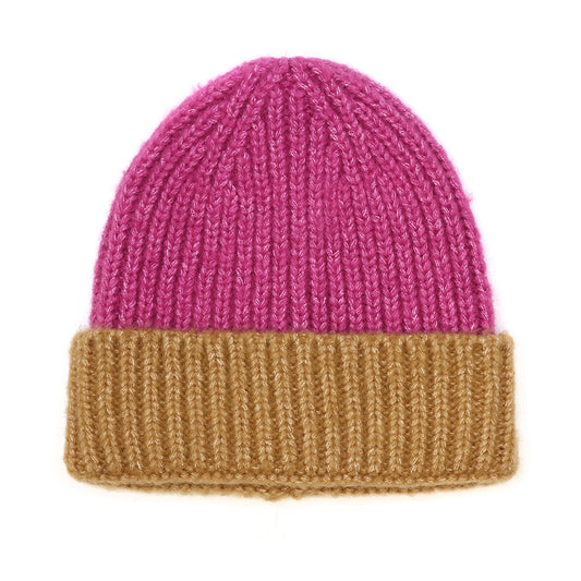 A cosy Magenta and Coffee Beanie Hat with a pink crown and wide, folded brown cuff; this colourful winter hat is shown against a white background.