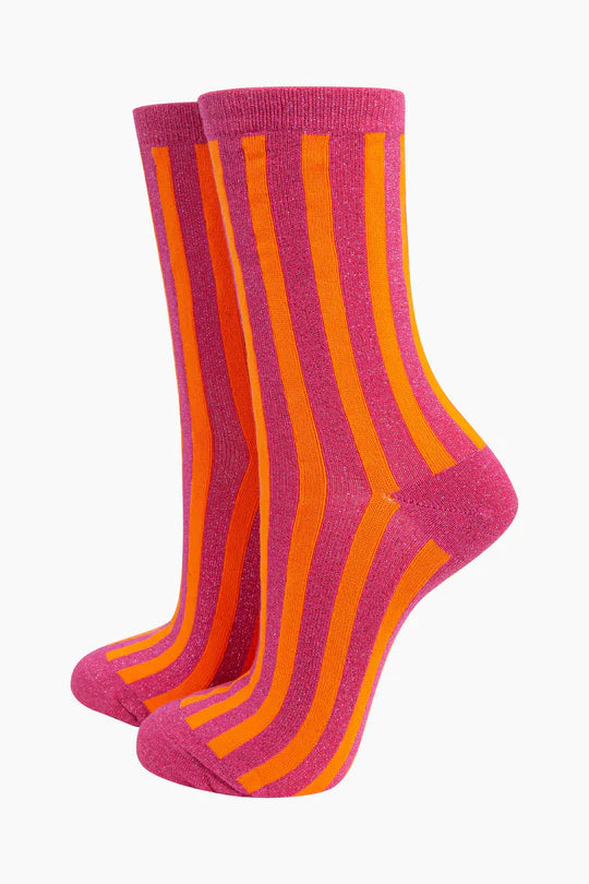 Women's Pink/Orange Striped Glitter Socks