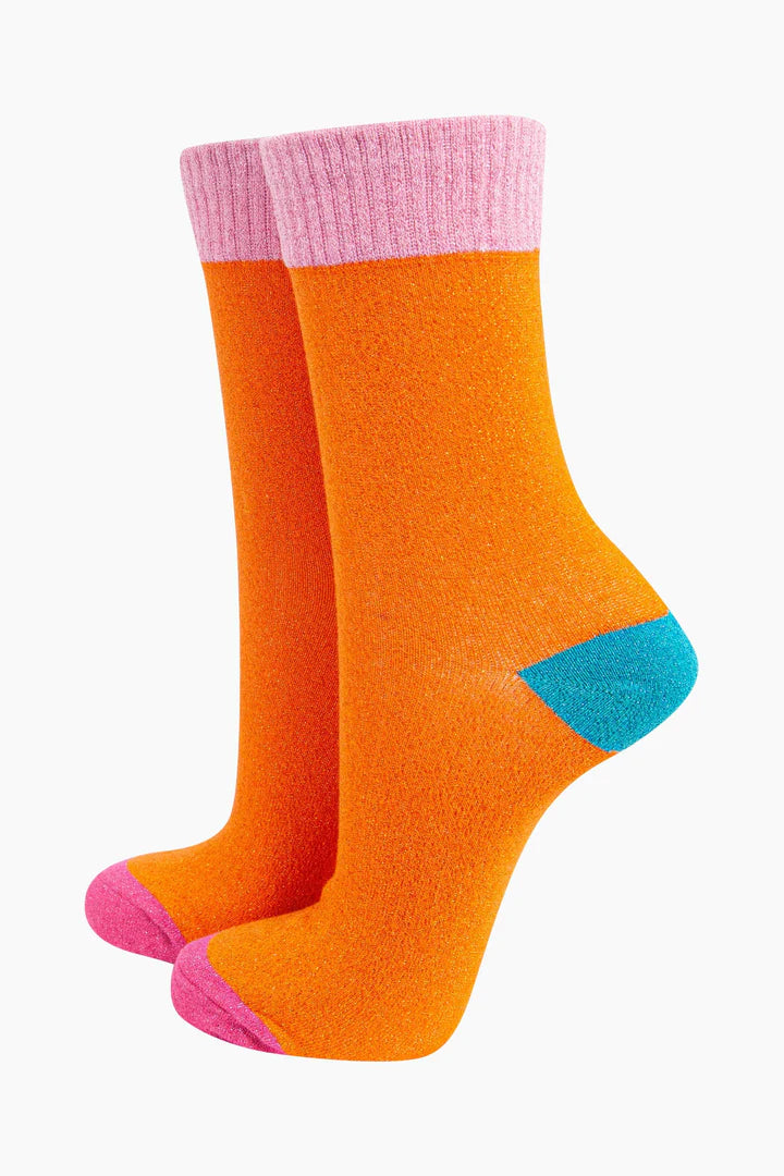 Women's Multi Colour Glitter Socks in Orange/Light Pink