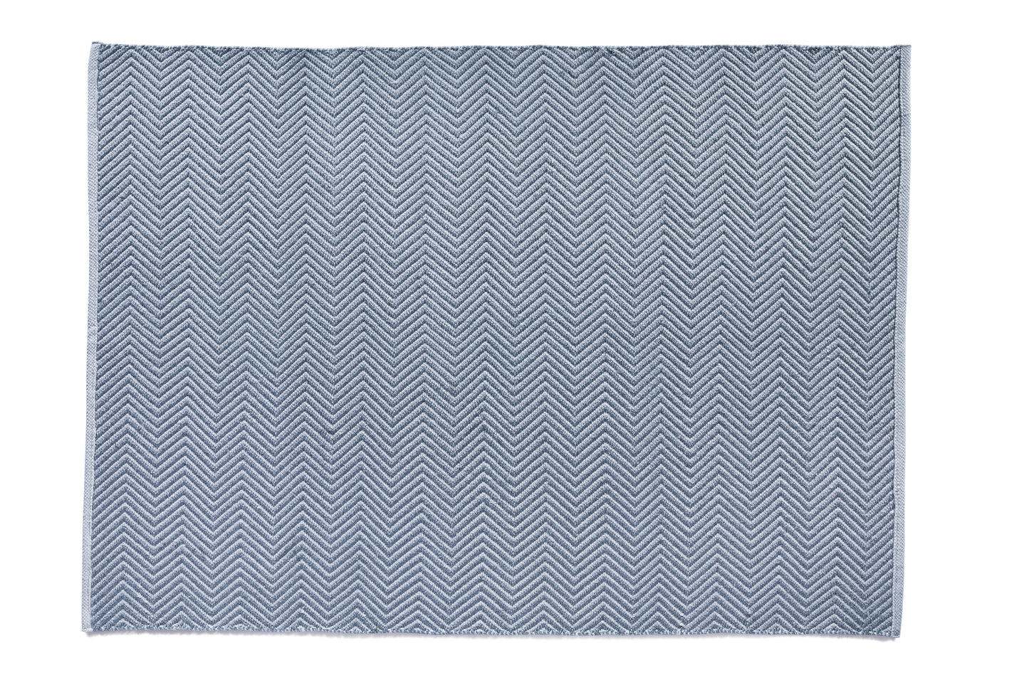 A square blue mat featuring a chevron pattern on a white background, crafted from recycled plastic bottles for a sustainable touch.