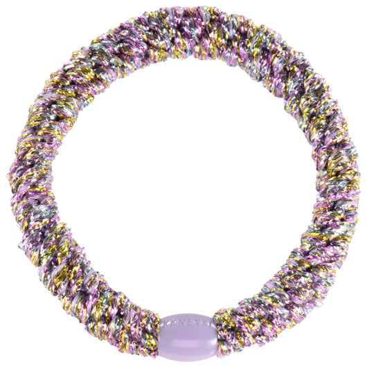 Colourful Unicorn Hair Band with twisted strands of purple, gold, pink, and silver, featuring a small purple bead with an inscription, offering superior strength for lasting hold.