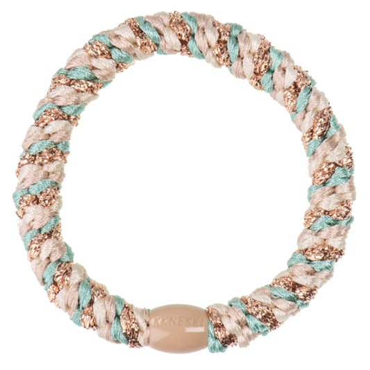 A Turkish Beige Glitter Hair Band with light brown, teal, and metallic copper strands, featuring a small beige clasp designed to prevent hair damage.