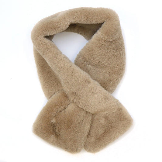 A taupe faux fur scarf is laid flat on a white surface with the ends crossed over each other—a luxurious winter accessory ideal as a stylish pull-through scarf.