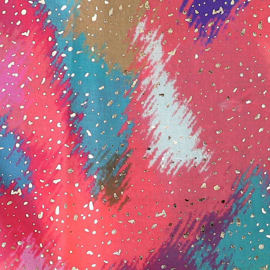 Abstract design with vibrant colours, including red, blue, teal, and pink, accented by white and gold. The luxurious scarfs pattern features jagged lines and scattered dots enhanced by a metallic foil overlay for an elegant touch.