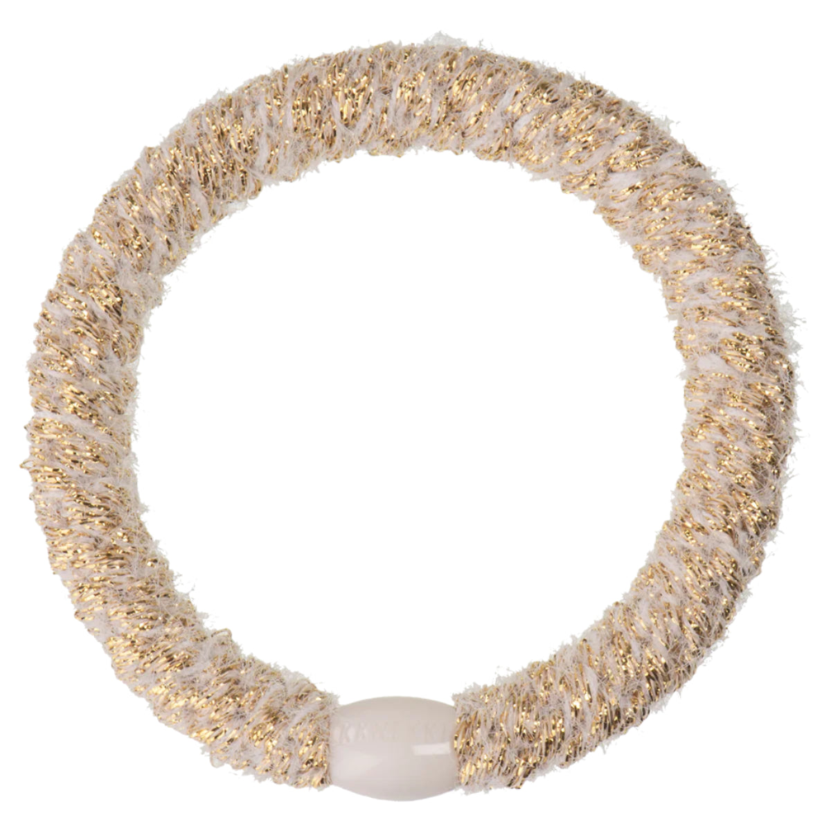 The Velvet Ivory Glitter Hair Band is a circular hair tie featuring a white and gold textured pattern and a central white connector, designed to prevent breakages.
