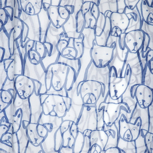 Experience luxury and style with our high-quality fabric scarf featuring a Blue & White Dog Sketch Print, showcasing a pattern of various outlined dog faces for an elegant touch.