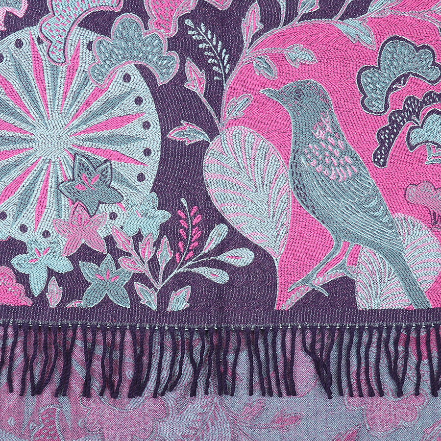 This luxury accessory is a reversible scarf, featuring a jacquard design with purple and pink embroidery showcasing bird and floral patterns, elegantly finished with fringes at the bottom.