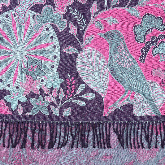 This luxury accessory is a reversible scarf, featuring a jacquard design with purple and pink embroidery showcasing bird and floral patterns, elegantly finished with fringes at the bottom.