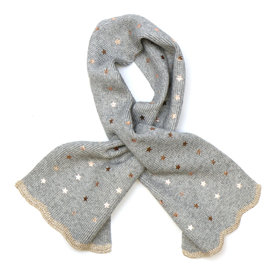 A light grey recycled-blend scarf featuring metallic star patterns and a scalloped gold trim, displayed flat against a white background.