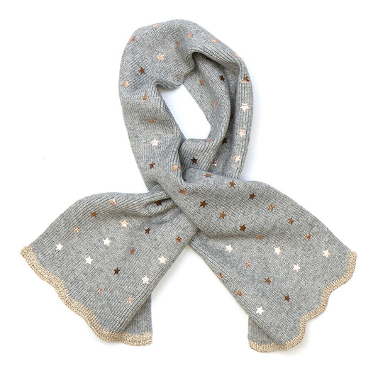 A light grey recycled-blend scarf featuring metallic star patterns and a scalloped gold trim, displayed flat against a white background.