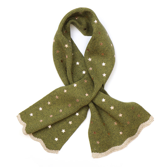 Eco-friendly scarf in olive green, adorned with gold metallic stars and finished with a scalloped edge trimmed in metallic gold thread.