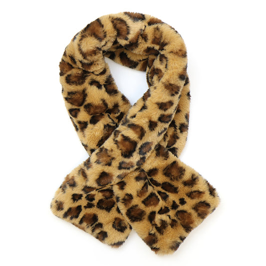 A cosy animal print faux fur scarf in a brown and black leopard pattern, styled as a pull-through scarf on a white background—perfect as a stylish winter accessory.