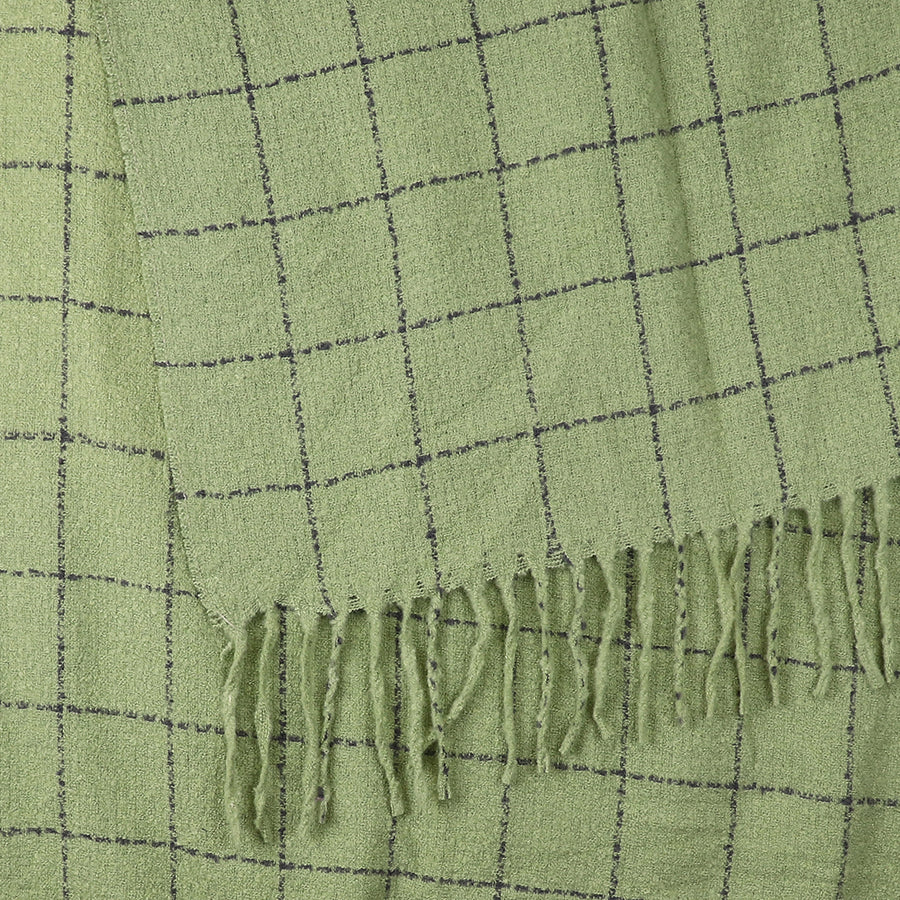 Light green checked scarf featuring a black grid pattern and a cosy fringe along one edge—ideal as a winter scarf.