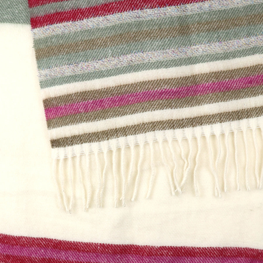 A close-up view of a striped woollen scarf with tassels at the edge, featuring shades of green, brown, white and red.