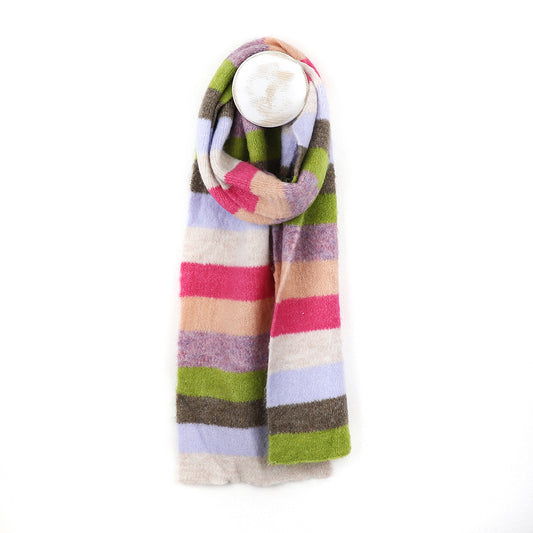 A vegan-friendly Mauve Stripe Scarf, with multicoloured stripes in pink, green, beige, brown and light blue, is draped around a white circular display against a plain white background.