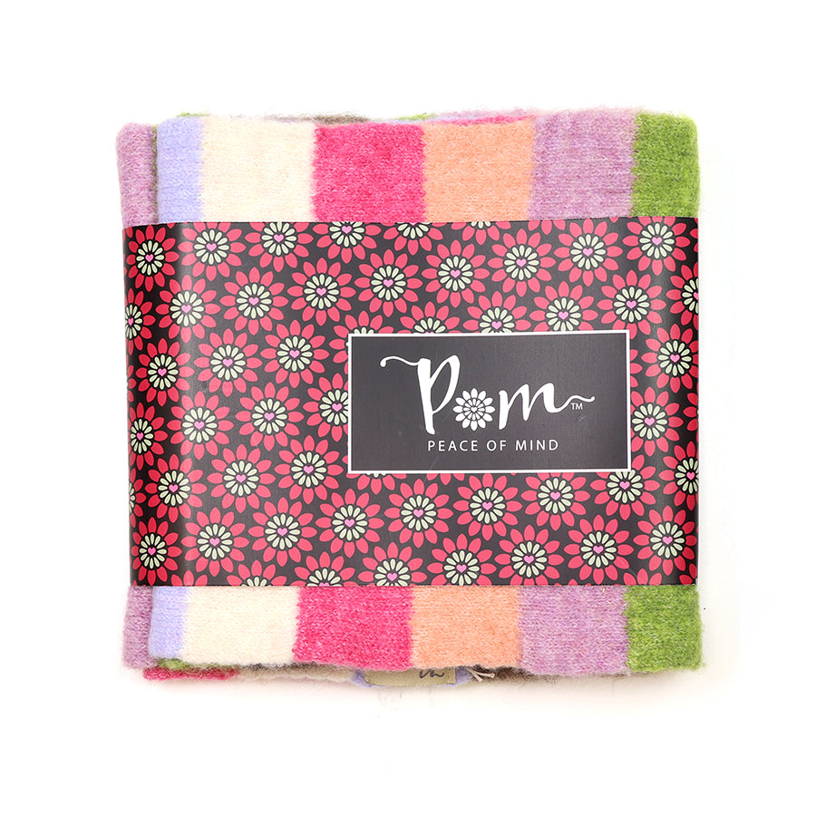 A folded, pastel Mauve Stripe Scarf—made as a vegan-friendly scarf and winter accessory—is wrapped with a floral-patterned label that reads POM PEACE OF MIND.