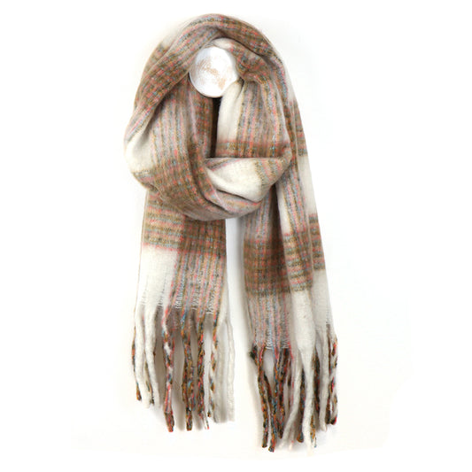 A beige chunky checked scarf featuring a tartan pattern in muted tones and fringed ends; this cosy accessory is shown against a white background.