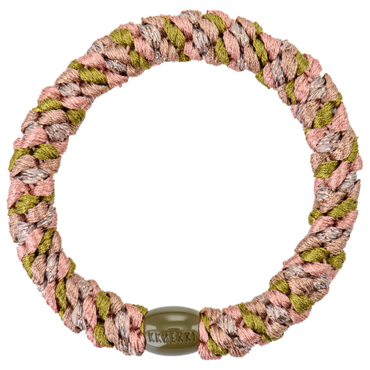 Braided rope circle with pink, brown, and green strands, crafted for superior strength and secured with an oval olive-green bead at the bottom—a combination thats ideal for preventing hair damage.