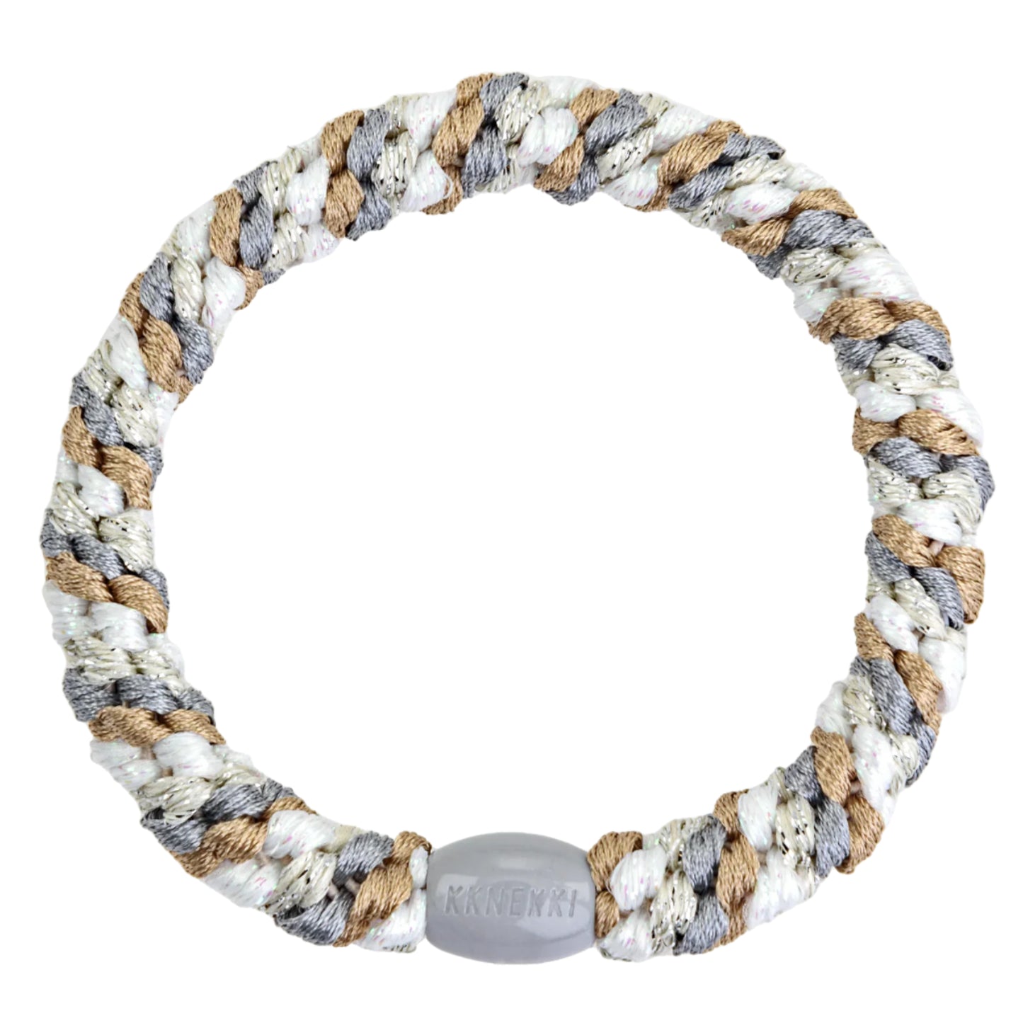 A plaited rope circle in Mix Beige White with a translucent connector labelled KNENKEN, perfect as a hair tie for damage prevention.