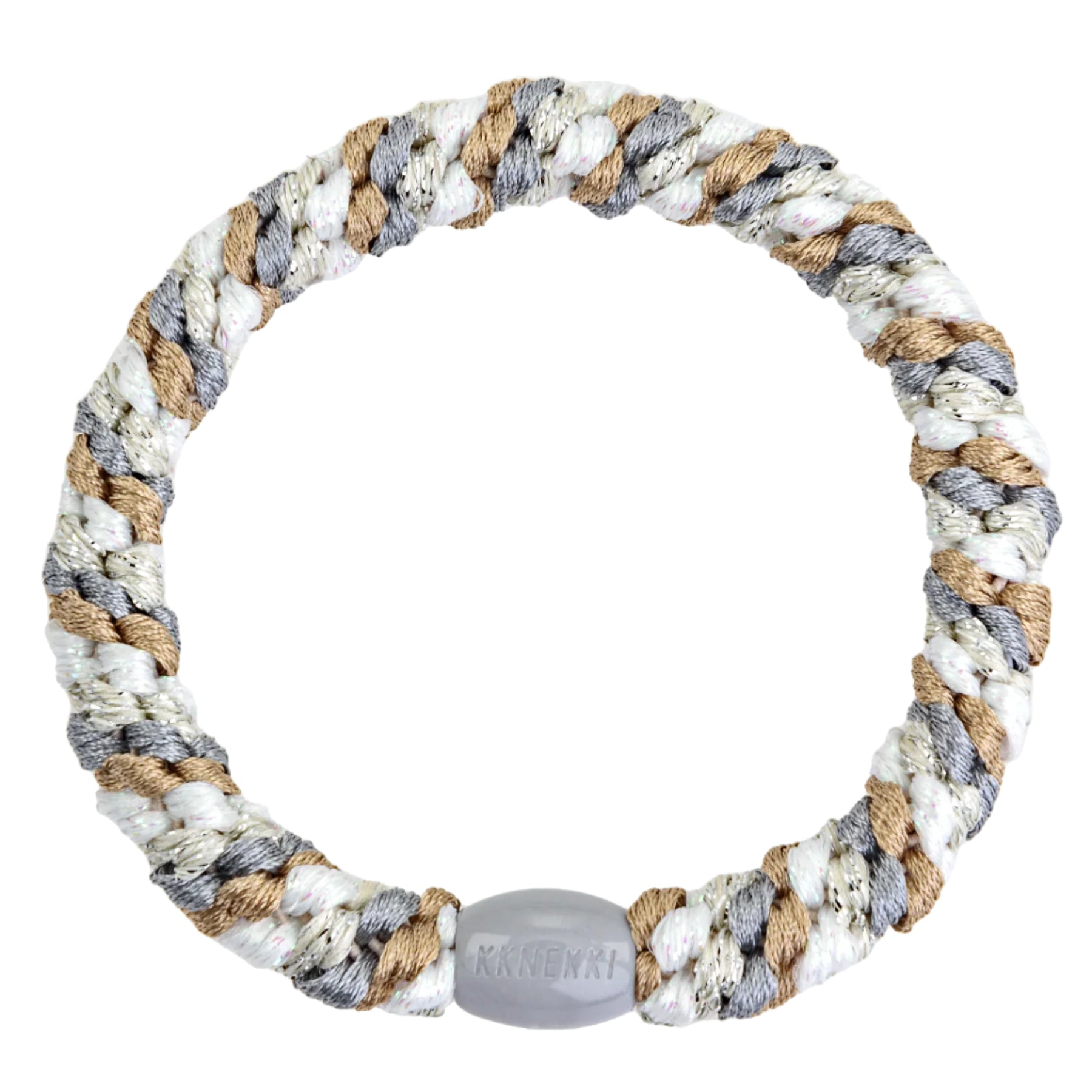 A plaited rope circle in Mix Beige White with a translucent connector labelled KNENKEN, perfect as a hair tie for damage prevention.