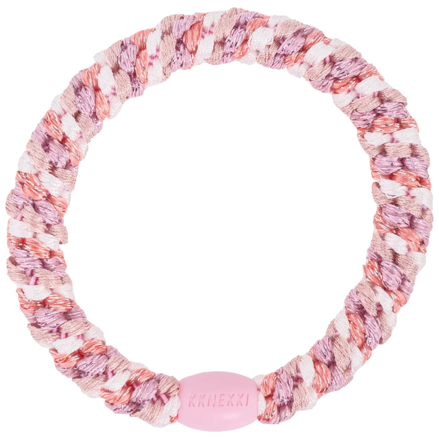 A plaited hair tie featuring pink, purple, and white strands, with a pink plastic clasp labelled Kknekki. This Mix Dusty Rose Pink Glitter Hair Band is designed to prevent hair damage.