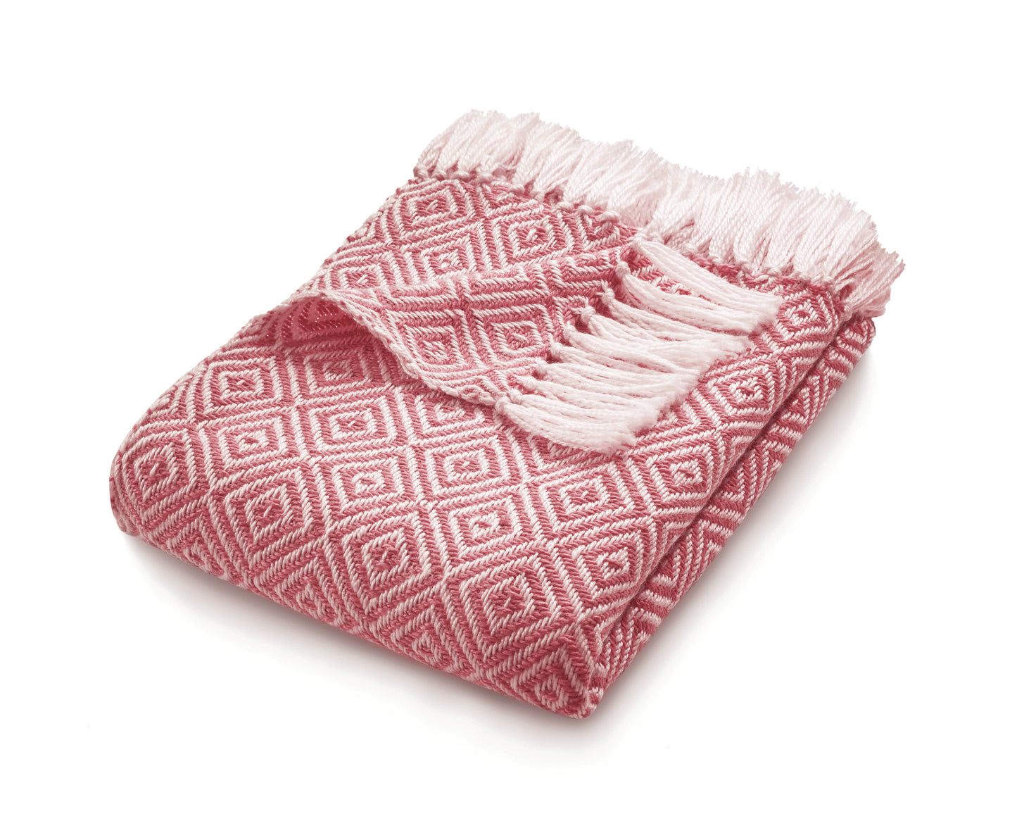 A folded pink and white patterned sustainable throw with fringe on one edge, made from recycled plastic bottles, displayed against a white background.